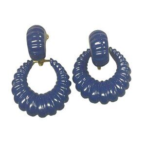 Vintage 80s Retro Royal Blue Enamel Gold tone Clip-On Hoop Earrings